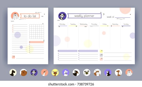 Organizer And Schedule With Notes And To Do List For 2018 New Year. The Template Is Decorated With Icons And Drawings Of Dog Breeds. Chinese Calendar. Template. Vector Art. Isolated