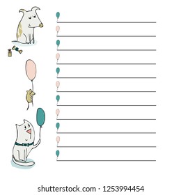 Organizer and schedule with notes and to-do list. Vector. Isolated with cute Pets.