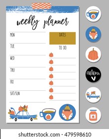 Organizer and Schedule set with Notes list, stickers, flags, tags. Template for Greeting Scrap booking, Congratulations, Invitations. Weekly Planner.