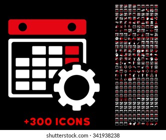 Organizer Settings vector pictogram with additional 300 date and time management icons. Style is bicolor flat symbols, red and white colors, rounded angles, black background.