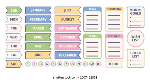 Organizer stickers. Calendar scrapbook elements for daily pages design templates journal or self planning notebook papers diary organizing labels garish vector illustrations