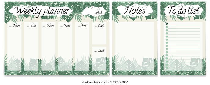 Organizer template pages set - weekly planner, notes, to do list. Tropical design with hand drawn titles. Printable vector illustration. 