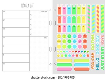 Organizer template with stickers, tags, strips and design elements collection. Vector printable page.