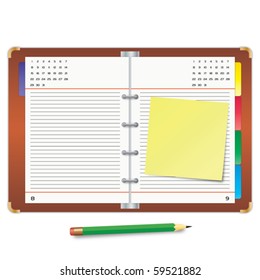 Organizer with the yellow sticky note and green pencil