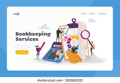 Organizing Accounting, Financial, Banking Data Landing Page Template. Tiny Accountant Characters around of Huge Clip Board Filling Bookkeeping Graphs and Charts. Cartoon People Vector Illustration