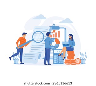 Organizing Accounting, Financial, Banking Data, Characters around of Huge Clip Board Filling Bookkeeping Graphs, flat vector modern illustration