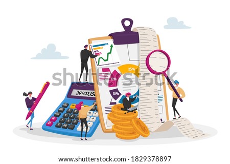Organizing Accounting, Financial, Banking Data. Tiny Accountant Characters around of Huge Clip Board Filling Bookkeeping Graphs and Charts Counting Debit and Credit. Cartoon People Vector Illustration