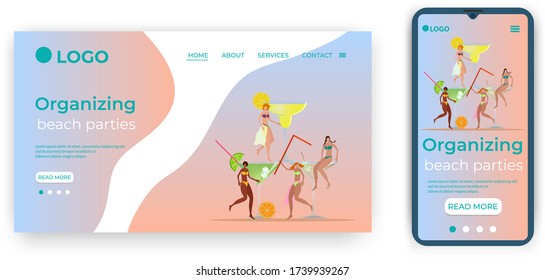 Organizar fiestas en la playa.Plantilla para la interfaz de usuario de la página principal del sitio.Plantilla de la página de inicio.Diseño adaptable de la ilustración smartphone.vector.