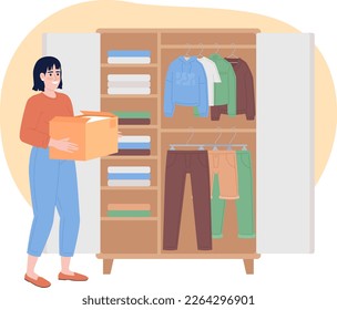 Organizing clothes on shelves in closet 2D vector isolated spot illustration. Happy woman with box flat character on cartoon background. Colorful editable scene for mobile, website, magazine