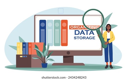 Organización del concepto de almacenamiento de datos. Mujer con lupa se para cerca del monitor de la computadora. Chica con almacenamiento electrónico y archivo. Ilustración plana del vector de la historieta aislada sobre fondo blanco