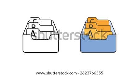 Organizing documents by category icon – a file folder in a labeled box with A B C tabs, symbolizing categorized digital filing and structured storage.
