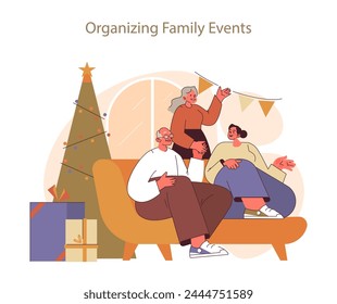 Organizing family events concept. Warm-hearted seniors preparing a festive home gathering, embodying the holiday spirit. Celebrating togetherness during special occasions.