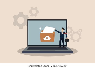 Organizing file folders or archive documents to be indexed, document management system storage backup concept and cloud server service, businessman organizing document files into archive folders.