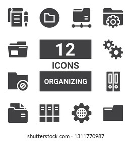 organizing icon set. Collection of 12 filled organizing icons included Folder, Management, Archive, Folders, Notepad