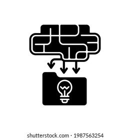 Organizing information black glyph icon. Creative way for solving problems. Creative thinking and solutions. High reasoning skill. Silhouette symbol on white space. Vector isolated illustration