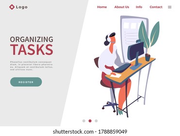 Organizar la plantilla de la página de inicio de tareas. Mujer organizando tareas. Vector plano