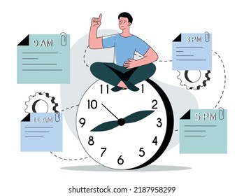 Organizing time concept. Man in lotus position sits on large clock. Time management and motivation, efficient workflow. Scheduling and setting goals, planning. Cartoon flat vector illustration