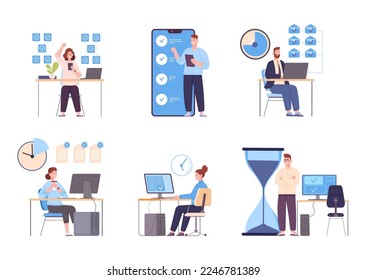 Organizing work efficiency. Successful organization effective work, organize tasks priority timing scheduling time email agenda office management goal, vector illustration of organization business