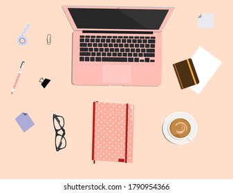 Organizing the workspace laptop, notebook, glasses, a vector graphics