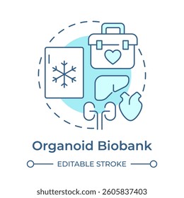 Organoid biobanks soft blue concept icon. 3D miniature organ like structures. Studying human diseases. Round shape line illustration. Abstract idea. Graphic design. Easy to use in article