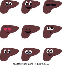 Organs of the human body in the style of cartoon. Liver, health, disease. Design for medical poster, print, scheme, greeting card, flyer. Medical icons.