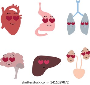 Organs of the human body in the style of cartoon. Heart, brain, respiratory system, digestive system, excretory system. Love, health, family. Design for medical poster, print, scheme, greeting card.