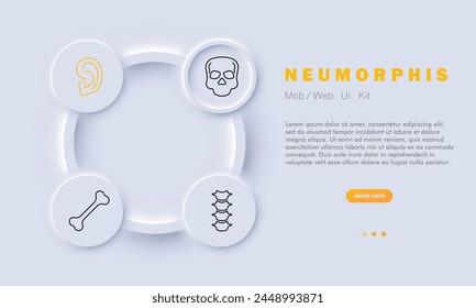Conjunto de iconos de órganos. Oreja, oreja, hueso, columna vertebral, vértebras, cráneo, círculo, Botón, globos oculares, postura, diseño plano, estructuras anatómicas. Concepto de investigación médica. Estilo neumórfico