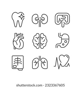 Organs regular checkup pixel perfect linear icons set. Medical service. Disease treatment. Regular checkup. Customizable thin line symbols. Isolated vector outline illustrations. Editable stroke