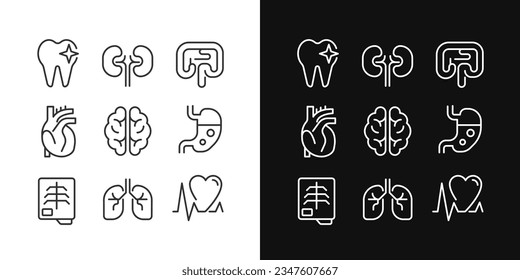 Organs regular checkup pixel perfect linear icons set for dark, light mode. Medical service. Disease treatment. Thin line symbols for night, day theme. Isolated illustrations. Editable stroke