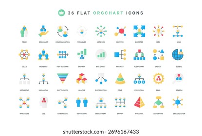 Orgchart, structure and hierarchy of corporate company, organogram color icon set. Infographic pyramid and flowchart, network tree and diagram of workflow, team flat elements vector illustration