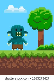 Orge with teeth standing on grass, geek character on ground, portrait view of monstrosity, green tree and cloudy sky, adventure map, pixel game vector