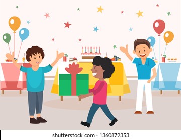 Orginization and Menu For Childrens Parties. Vector Illustration Advertising Poster in Catering Company. Children Rejoice and Laugh at Holiday. Pupils Friendship and Joint Rest, Cartoon.