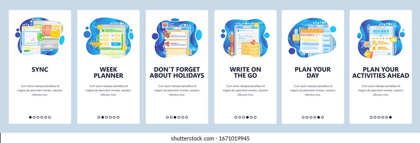 Orginizer and task management app. Planner, note taking, to do list manager. Mobile app onboarding screens. Vector banner template for website and mobile development. Web site design illustration.