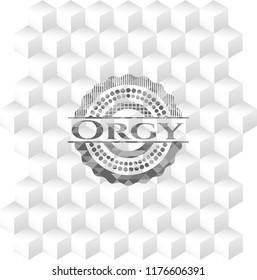 Orgy grey badge with geometric cube white background