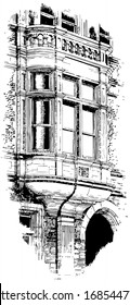 Oriel is window projects from upper floor of a building, main wall of a building, projecting corbels or brackets of stone or wood, vintage line drawing or engraving illustration.