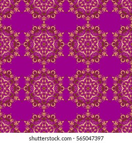 Orient background with golden repeating elements. Damask vector classic golden pattern. Seamless abstract elements in golden colors on purple background.