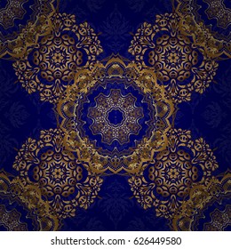 Orient background with golden repeating elements. Damask vector classic golden pattern. Seamless abstract elements in golden colors on blue background.