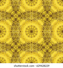 Orient background with golden repeating elements. Damask vector classic golden pattern. Seamless abstract elements in golden colors on yellow background.