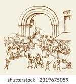 Orient biblical religion heritage vendors women scene view. Antique fes arch gate fortress building on white background. Black hand saudi rabat bazar quarter picture sketch in vector art graphic style