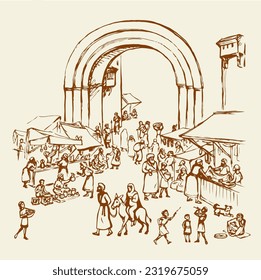 Orient biblical religion heritage vendors women scene view. Antique fes arch gate fortress building on white background. Black hand saudi rabat bazar quarter picture sketch in vector art graphic style