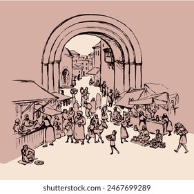 Orient biblical religion heritage vendors women scene view. Antique fes arch gate fortress building on white background. Black hand saudi rabat bazar quarter picture sketch in vector art graphic style