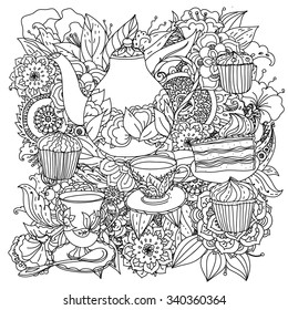 Orient floral black and white  ornament. With elements of time for tea, cups, teapot, cake and cupcakes. Could be use  for coloring book  in zentangle style. 