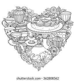 Orient floral black and white  ornament. Heart shape. With elements of time for tea, cups, teapot, cake and cupcakes.  The best for your design, textiles, posters, coloring book in zentangle style. 