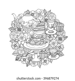 Orient floral black and white  ornament. With elements of time for tea, cups, teapot, cake and cupcakes. Could be use  for coloring book  in zentangle style. 