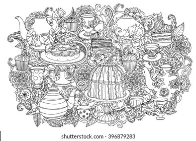 Orient floral black and white  ornament. With elements of time for tea, cups, teapot, cake and cupcakes. Could be use  for coloring book  in zentangle style. 