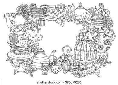 Orient floral black and white  ornament. With elements of time for tea, cups, teapot, cake and cupcakes. Could be use  for coloring book  in zentangle style. 