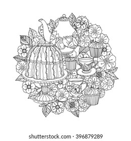 Orient floral black and white  ornament. With elements of time for tea, cups, teapot, cake and cupcakes. Could be use  for coloring book  in zentangle style. 