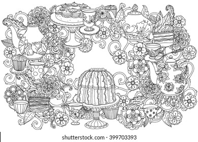 Orient floral black and white  ornament. With elements of time for tea, cups, teapot, cake and cupcakes. Could be use  for adult coloring book  in zenart style. 