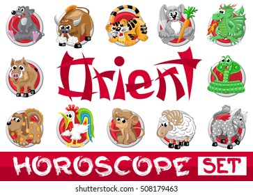 Orient horoscope set. Twelve chinese japanese zodiac signs in red circles isolated