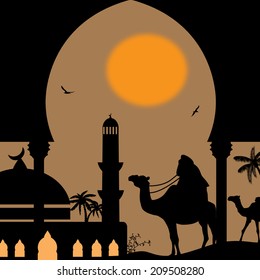 Orient landscape with bedouin and mosque on sunset, vector illustration